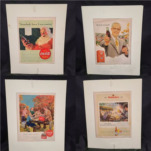 FOUR VINTAGE MATTED COCA COLA & BUDWEISER ADVERTISEMENTS