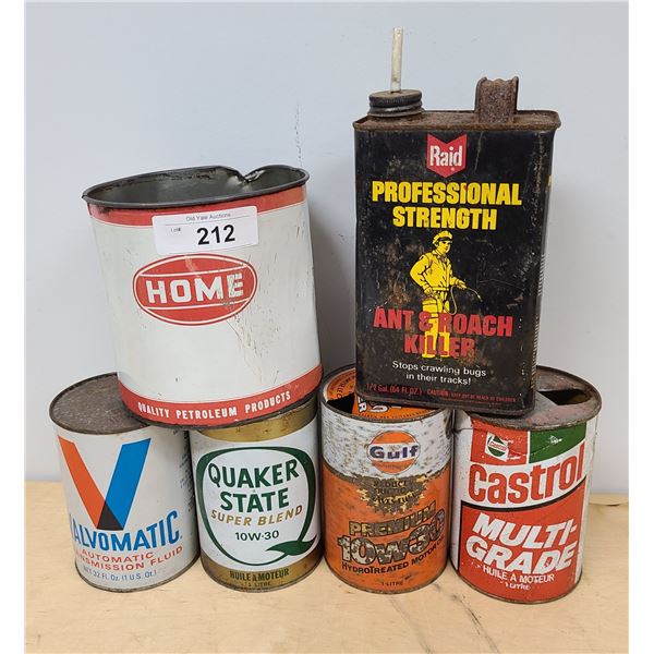 SIX VINTAGE OIL & GREASE CANS