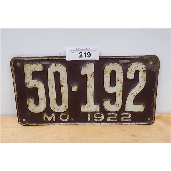 1922 MISSOURI LICENSE PLATE
