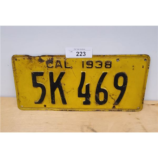 1938 CALIFORNIA LICENSE  PLATE