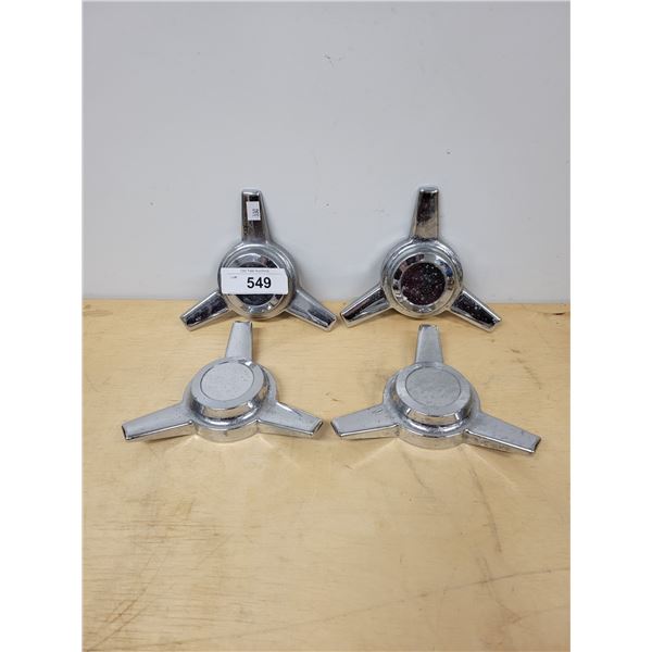 FOUR VINTAGE METAL CHROME WHEEL SPINNERS