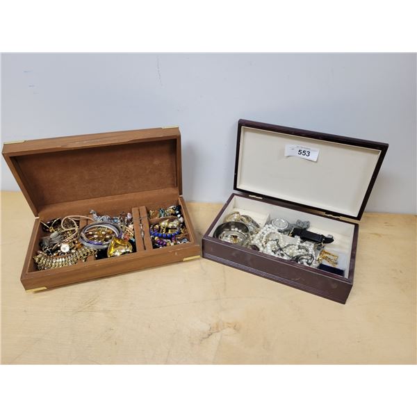 TWO WOOD JEWELRY BOXES W/CONTENTS