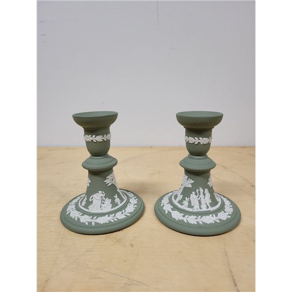 VINTAGE PAIR WEDGWOOD JASPERWARE CANDLESTICKS