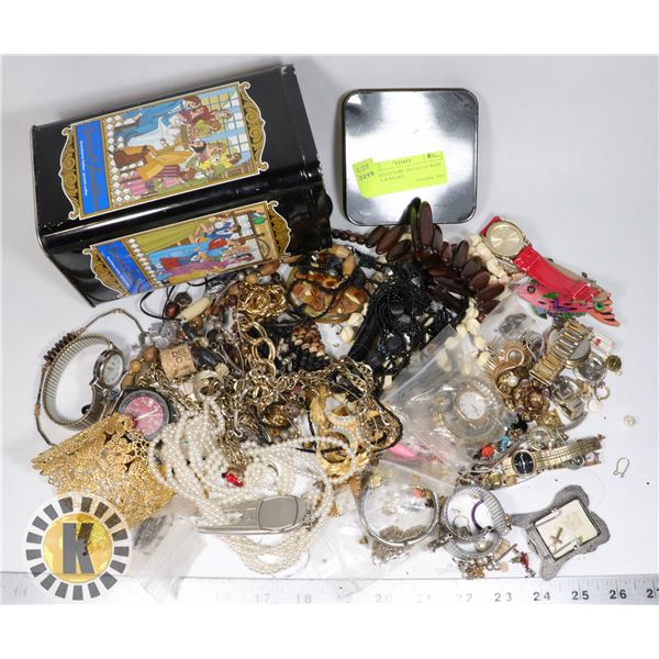 OLD COLLECTORS TIN FILLED WITH ESTATE JEWELRY