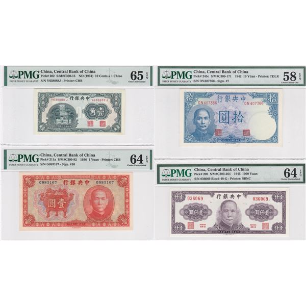 1931- 45, China, Central Bank of China, 10 cents; 1, 10 & 1,000 Yuan, Y638888J, G883167, ON407366 &