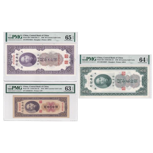 1930-49, China, Central Bank of China, 20, 50 & 5,000 Customs Gold Units ZH128007 PF574844 & KR86010