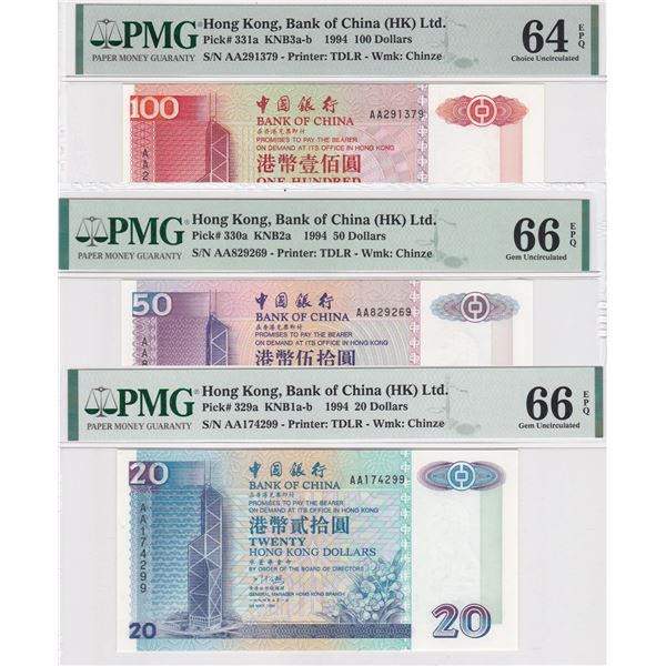 1994, Bank of China, Lot of three, AA Prefix. 20,50 & 100 Dollars PMG 64EPQ (1), 66 EPQ (2). S/N: AA