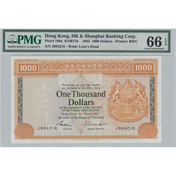1983, HK & Shanghai Banking Corp, 1,000 Dollars, S/N: J994216  PMG 66EPQ.