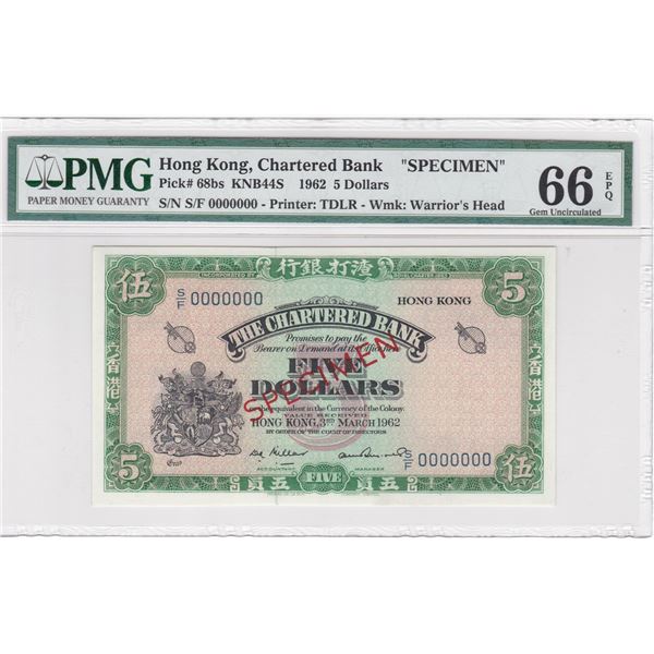 1962, The Chartered Bank, 5 Dollars, S/N: S/F 000000  PMG 66EPQ. Key Date Specimen, Miller Signature