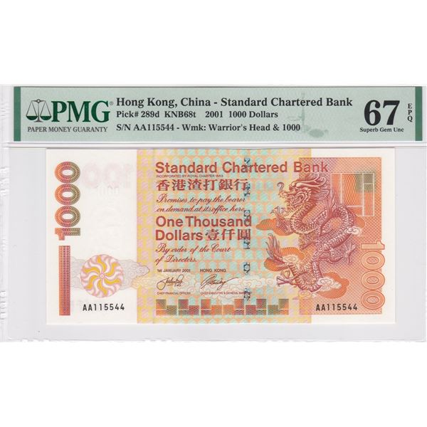 2001, Standard Chartered Bank, 1,000 Dollars, S/N: AA115544  PMG 67EPQ. S/N in Pairs