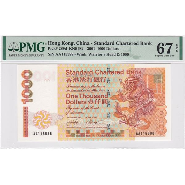 2001, Standard Chartered Bank, 1,000 Dollars, S/N: AA115588  PMG 67EPQ. S/N in Pairs