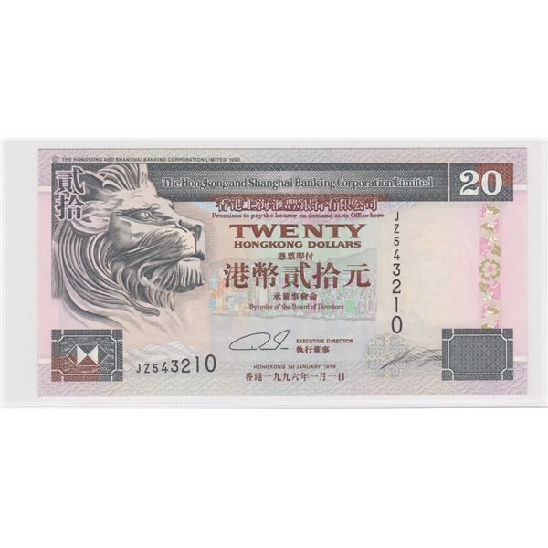1996, HK & Shanghai Banking Corp, 20 Dollars, S/N: JZ543210  . UNC, Descending Ladder S/N