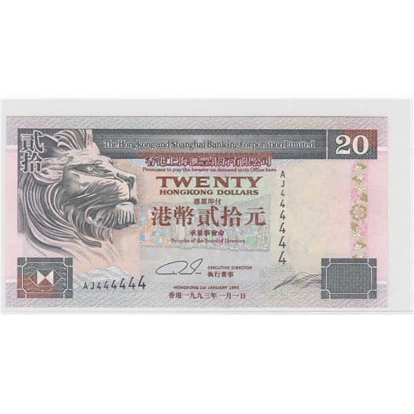 1993, HK & Shanghai Banking Corp, 20 Dollars, S/N: AJ444444 UNC, Solid #4's