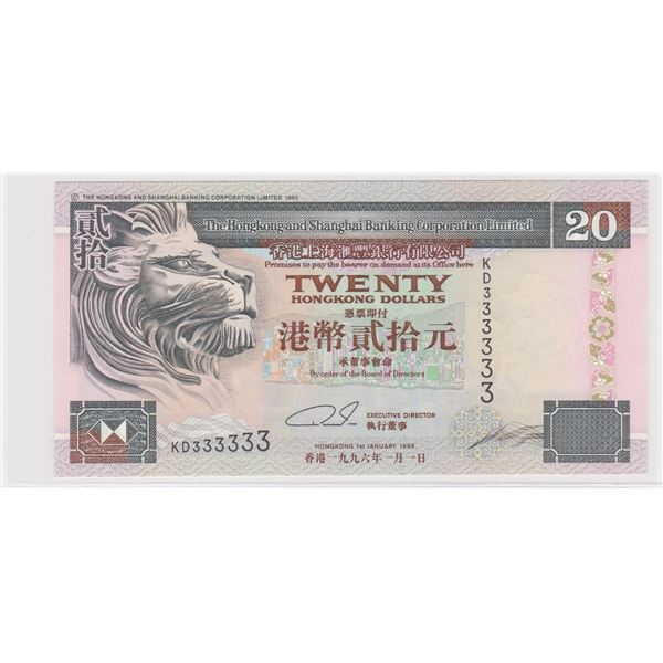 1996, HK & Shanghai Banking Corp, 20 Dollars, S/N: KD333333 UNC, Solid #3's