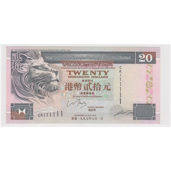 1997, HK & Shanghai Banking Corp, 20 Dollars, S/N: CK111111 UNC, Solid #1's