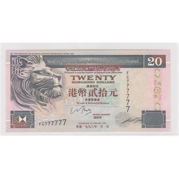 1998, HK & Shanghai Banking Corp, 20 Dollars, S/N: FC777777 UNC, Solid #7's