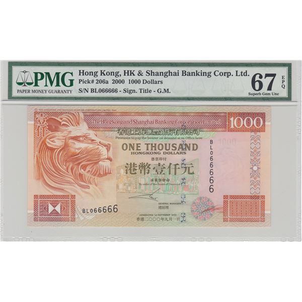 2000, HK & Shanghai Banking Corp, 1,000 Dollars, S/N: BL066666  PMG 67EPQ.