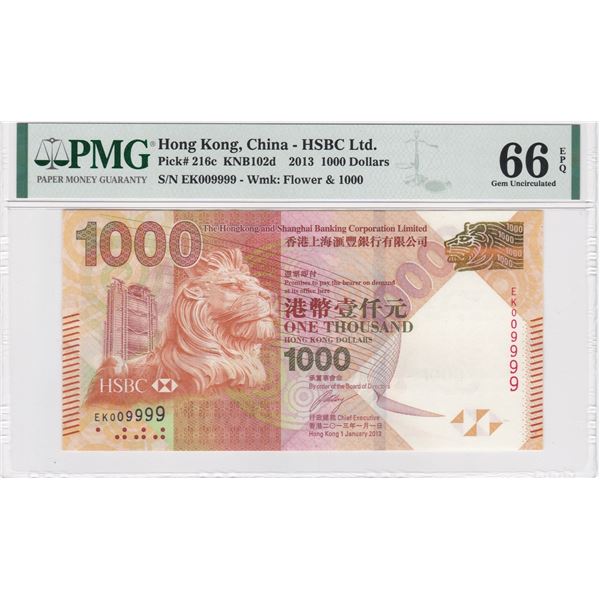 2013, HK & Shanghai Banking Corp, 1,000 Dollars, S/N: EK009999  PMG 66EPQ.