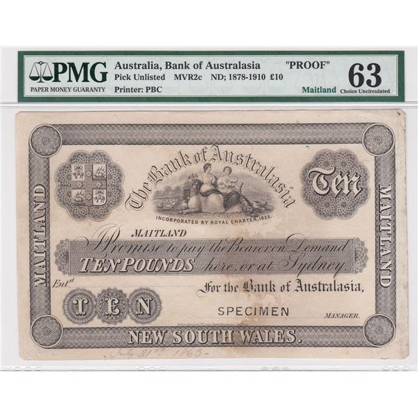 ND (1878-1910), Bank of Australasia, Maitland, 10 Pounds Specimen Proof,  PMG 63