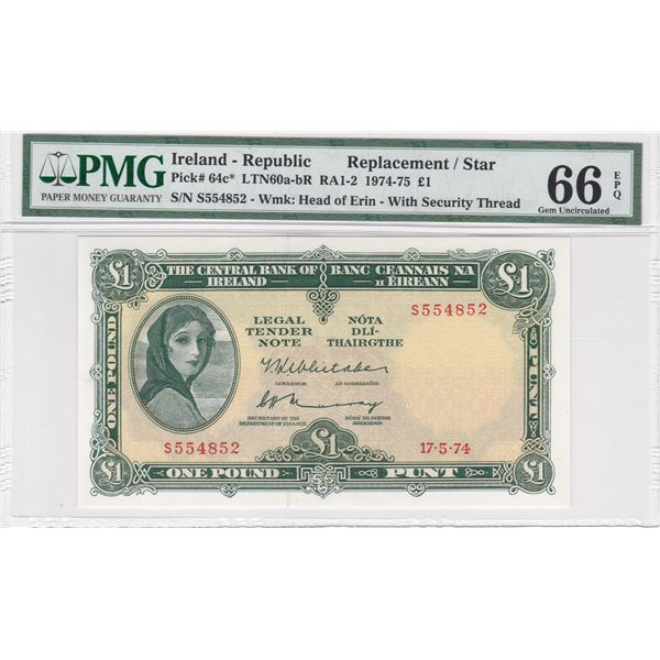 1974-75, Ireland, 1 Pound, S554852 PMG 66EPQ