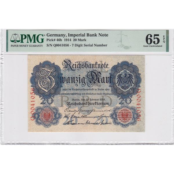 1914, Germany, Imperial Bank Note, 20 Mark, Q0041056 PMG 65EPQ