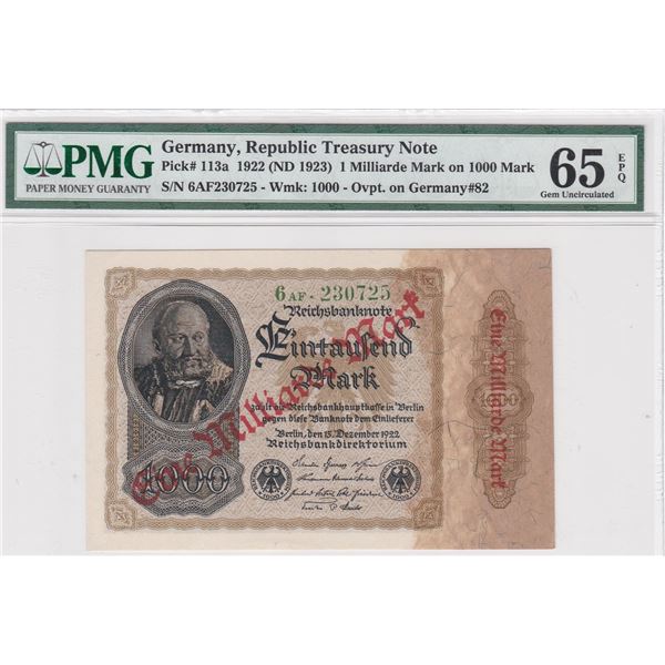 1922, Germany, Republic Treasury Note, 1 Milliarde Mark , 6AF230725 PMG 65EPQ