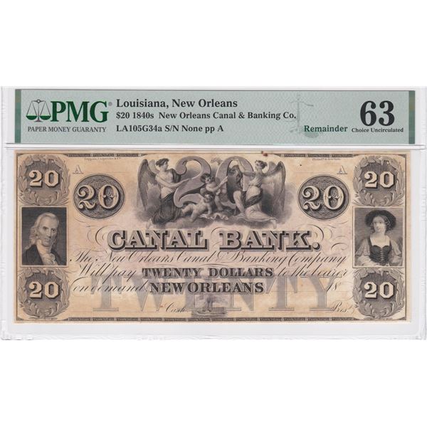 1840s, Louisiana, New Orleans, 20 Dollars, PMG 63. Remainder