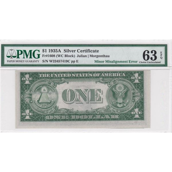 1935A, USA, Silver Certificate, 1 Dollar, Minor Misalignment Error. S/N: W23457419C PMG 63EPQ
