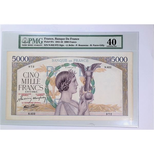 1942, France, 5000 Francs,  N.852 972, PMG 40 .