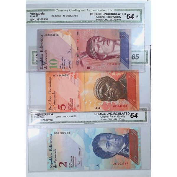 Lot of (3). 2007- 08, Venezuela, CGA Graded Notes, 2, 5 & 10 Bolivares, Choice UNC/ GEM UNC