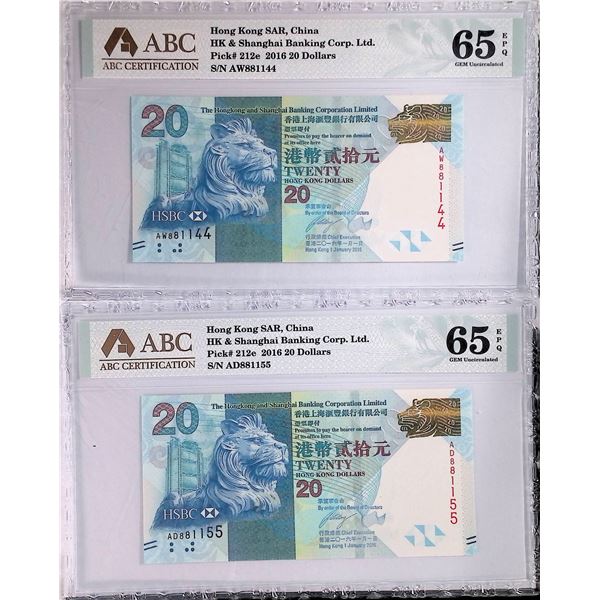 2016, Hong Kong & Shanghai Banking Corporation, 50 Dollars,  AD 881144 & 881155, ABC Graded 65EPQ .