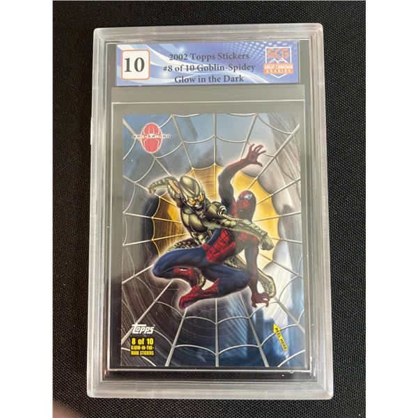 2002 TOPPS STICKERS NO.8 OF 10 GOBLIN SPIDEY GLOW IN DARK (GCG 10)