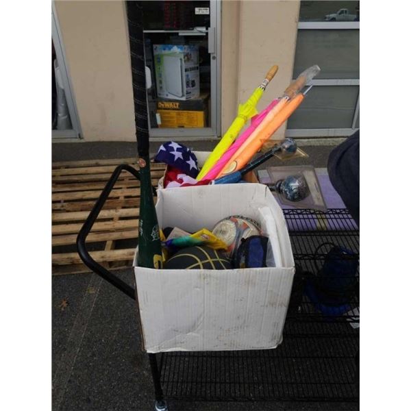 2 BOXES OF SPORTING GOODS, UMBRELLAS AND FLAGS