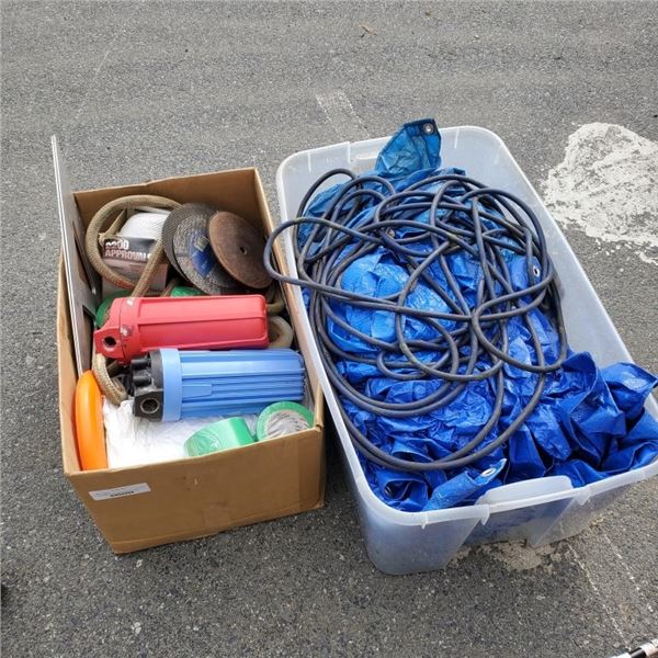 TOTE AND BOX OF TARP, EXTENSION CORD, CUTTING BLADES, TAPE AND MORE