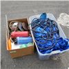 Image 1 : TOTE AND BOX OF TARP, EXTENSION CORD, CUTTING BLADES, TAPE AND MORE