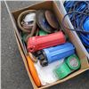 Image 2 : TOTE AND BOX OF TARP, EXTENSION CORD, CUTTING BLADES, TAPE AND MORE