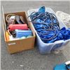 Image 4 : TOTE AND BOX OF TARP, EXTENSION CORD, CUTTING BLADES, TAPE AND MORE