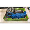 Image 1 : BOX OF LARGE PULLEY WITH ROPE, CART WHEELS AND 2 JUGS OF 5W-20 MOTOR OIL