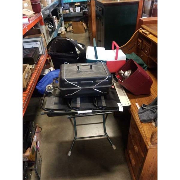 LOT OF CAMP ITEMS, COOLERS, LANTERN, BBQ, BACKPACK, TENT