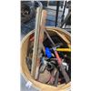 Image 2 : CADBOARD BARREL FULL OF TOOLS, HAMMERS, IRON UMBRELLA STAND