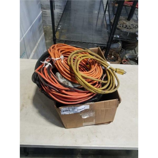 BOX OF EXTENTION CORDS AND POWER CABLES