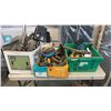 Image 1 : CRATE, TRAY AND BOX OF CASTOR WHEELS, SHOVEL HEADS, TOOLS AND SHOP HARDWARE AND SUPPLIES