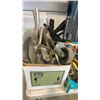 Image 2 : CRATE, TRAY AND BOX OF CASTOR WHEELS, SHOVEL HEADS, TOOLS AND SHOP HARDWARE AND SUPPLIES