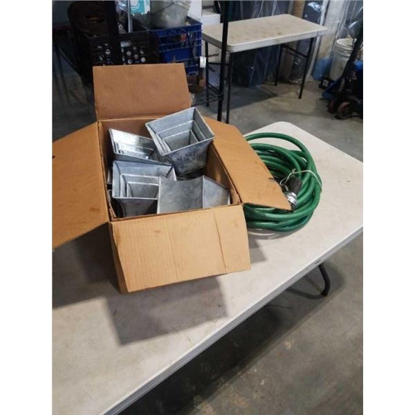 BOX OF GALVANIZED PLANTER POTS AND GARDEN HOSE