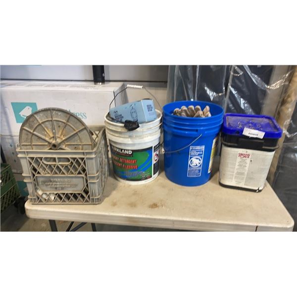 3 PAILS AND CRATE OF ELECTRICAL HOUSINGS, TOOL HANGING HOOKS, HARDWARE AND RODENTICIDE