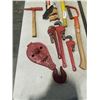 Image 3 : LOT OF SLEDGE HAMMERS, SAWS, PIPE WRENCHES, BLOCK AND TACKLE PULLEY WITH HOOK