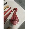 Image 8 : LOT OF SLEDGE HAMMERS, SAWS, PIPE WRENCHES, BLOCK AND TACKLE PULLEY WITH HOOK