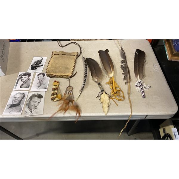 BOX OF NATIVE ITEMS AND FEATHERS