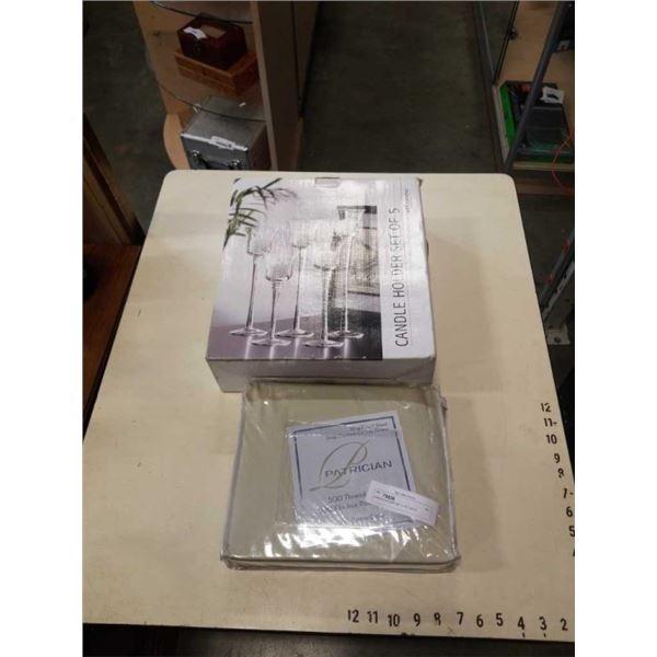 CANDLE HOLDER SET 5 OF 5 WITH CANDLES AND PATRICIAN FITTED SHEET KING
