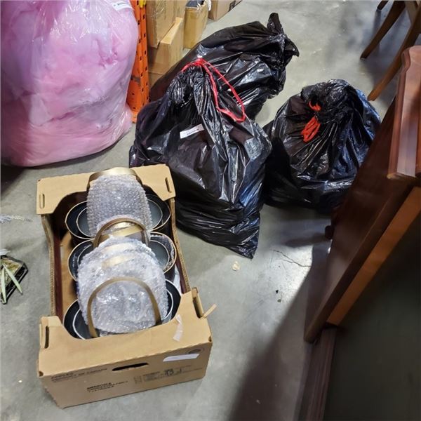 3 BAGS OF AMAZON OVERSTOCK ITEMS AND LARGE QUANTITY OF METAL BASKETS